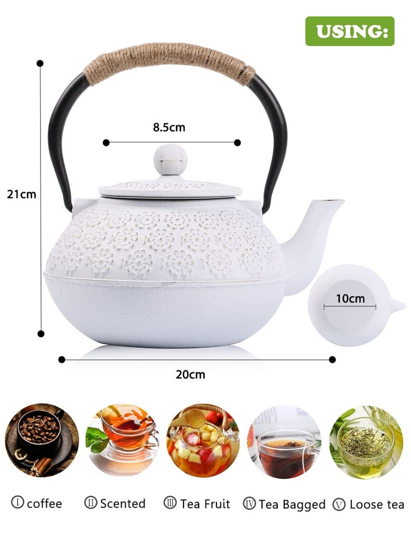 Sotya Cast Iron Teapot, 40oz/1200ml Japanese Tetsubin Tea Pot with Infuser for Loose Leaf and Tea Bags, Tea Kettle Coated with Enameled Interior for Stove Top, White - Image 5